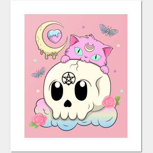 Creepy Kawaii Kitty with Skull Pastel Goth Posters and Art